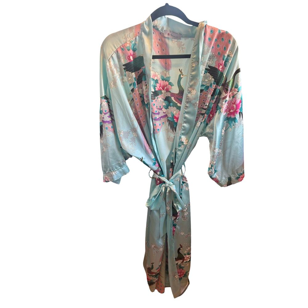 Vintage Y2K Applesauce Satin Peacock Floral Kimono Robe - One Size - Picture 6 of 7